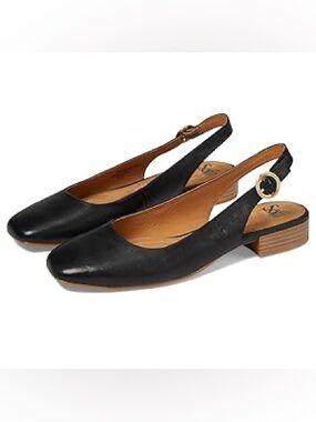 Black Leather Slingback Flats with Low Block Heel